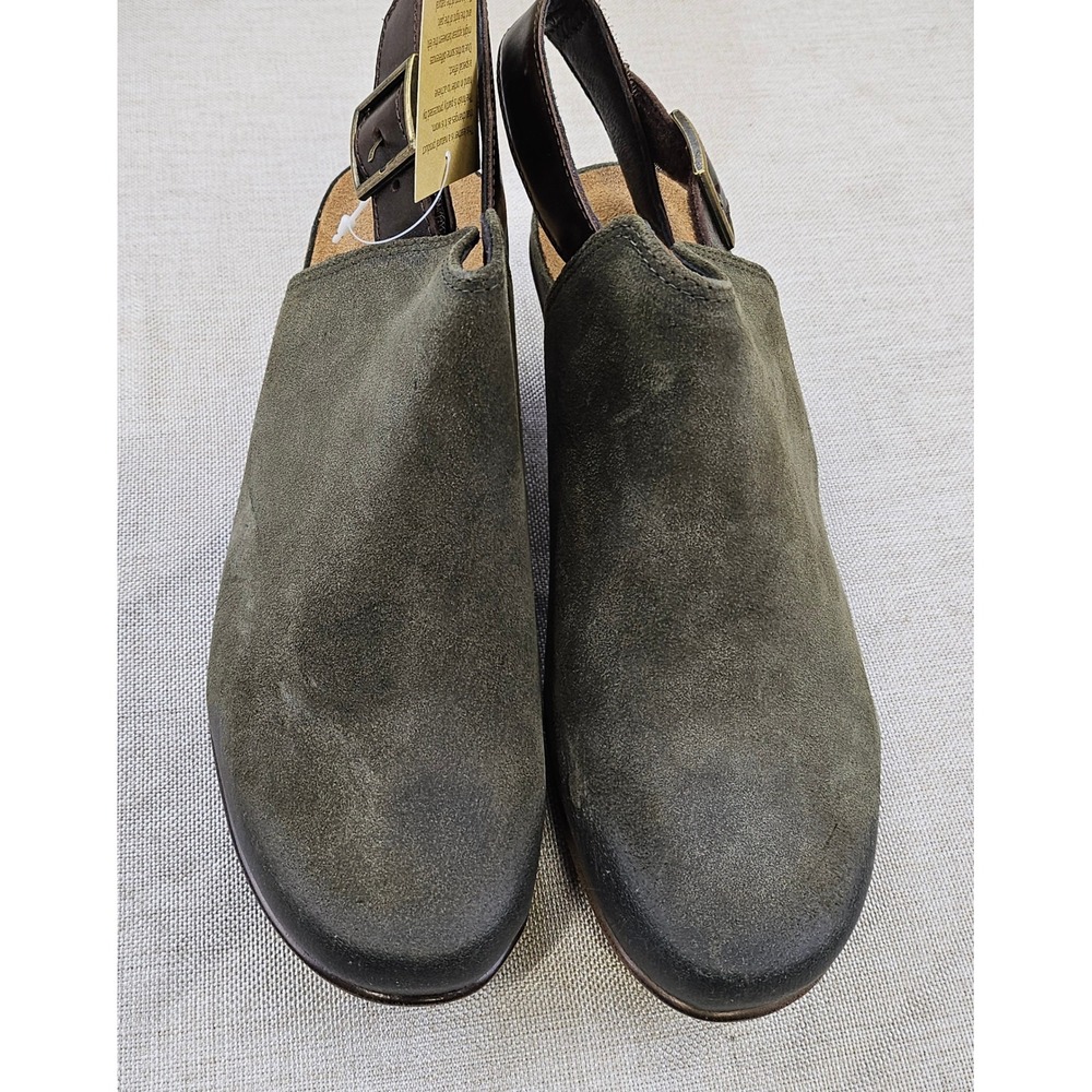 New NAOT Brushed Olive Suede Slingback Clogs 44131 Women's Size 37 Wooden Heel